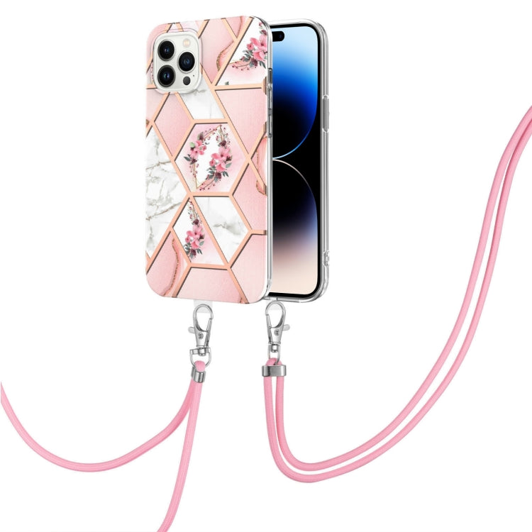 Electroplating Splicing Marble Flower Pattern TPU Shockproof Case with Lanyard, For iPhone 14, For iPhone 14 Plus, For iPhone 14 Pro, For iPhone 14 Pro Max