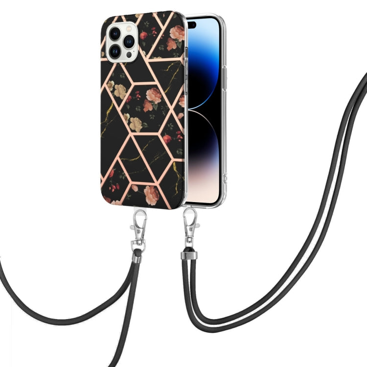 Electroplating Splicing Marble Flower Pattern TPU Shockproof Case with Lanyard, For iPhone 14, For iPhone 14 Plus, For iPhone 14 Pro, For iPhone 14 Pro Max