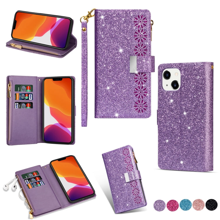 Multi-card Slots Laser Carving Glitter Zipper Leather Case
