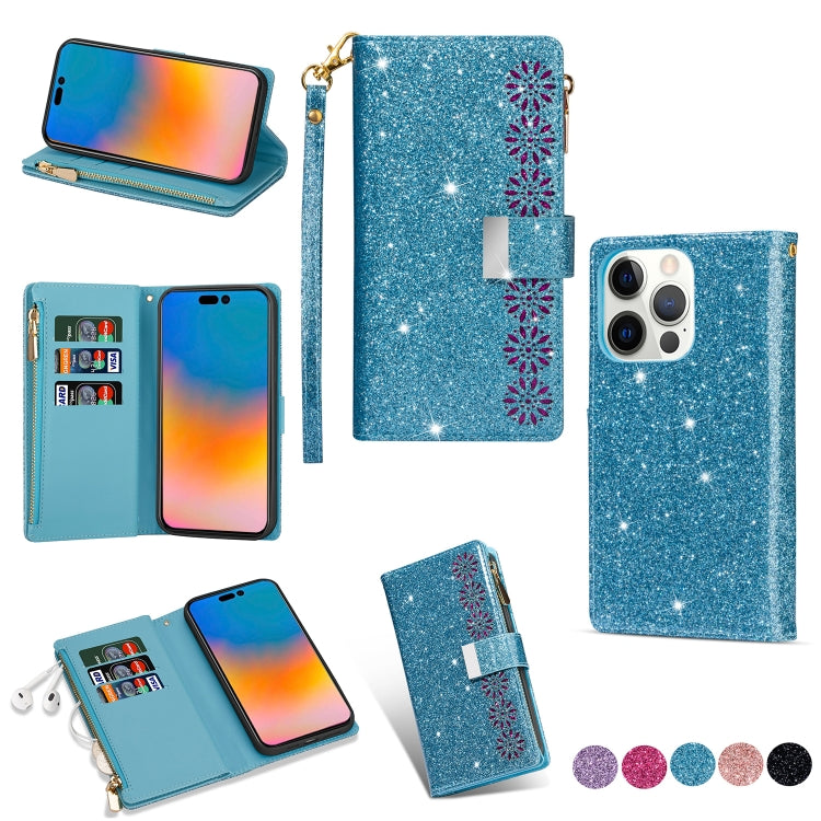 Multi-card Slots Laser Carving Glitter Zipper Leather Case