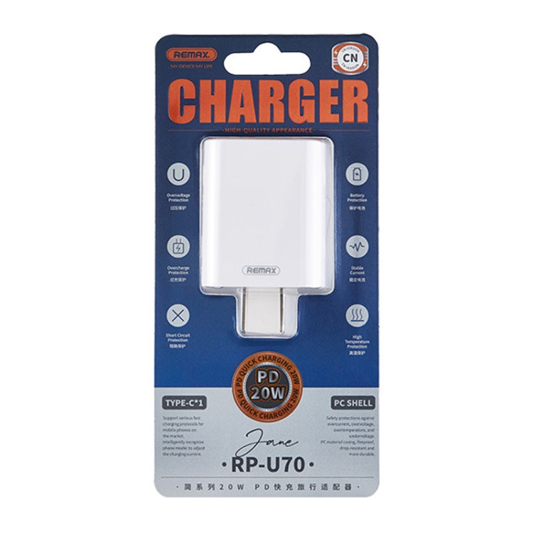 REMAX RP-U70 Jane Series 20W USB-C/Type-C PD Fast Charger, CN Plug, UK Plug, US Plug