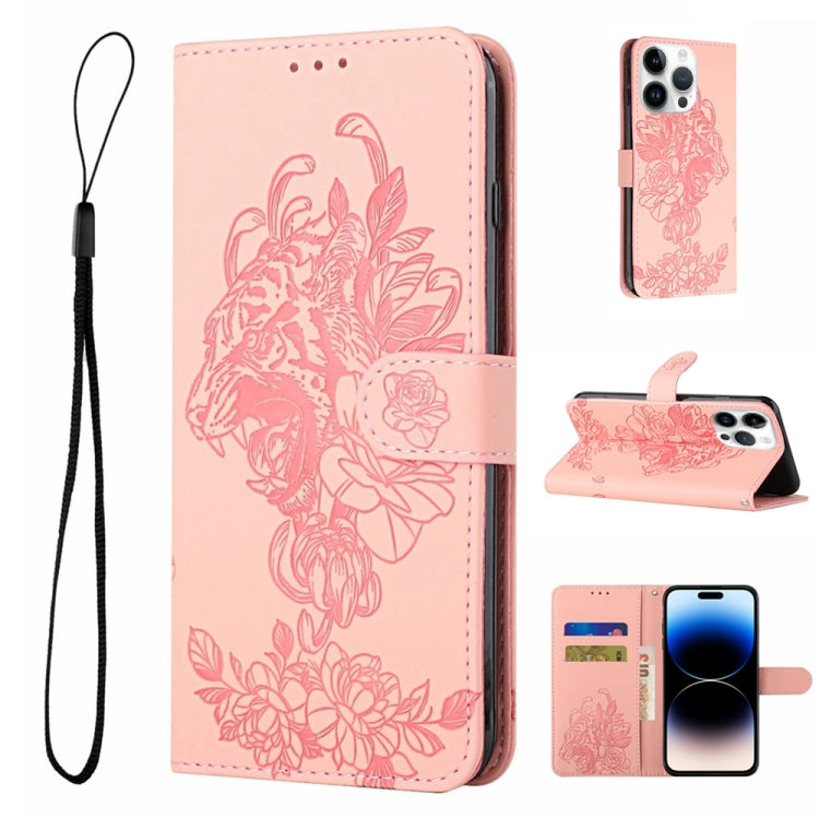 Étui en cuir gaufré motif fleur de tigre pour iPhone 14, iPhone 14 Plus, iPhone 14 Pro, iPhone 14 Pro Max