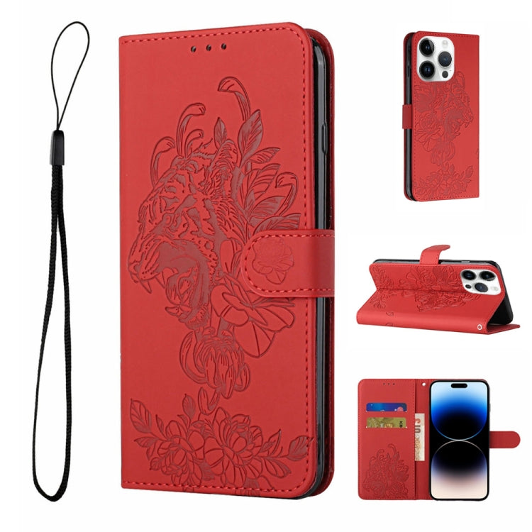 Étui en cuir gaufré motif fleur de tigre pour iPhone 14, iPhone 14 Plus, iPhone 14 Pro, iPhone 14 Pro Max