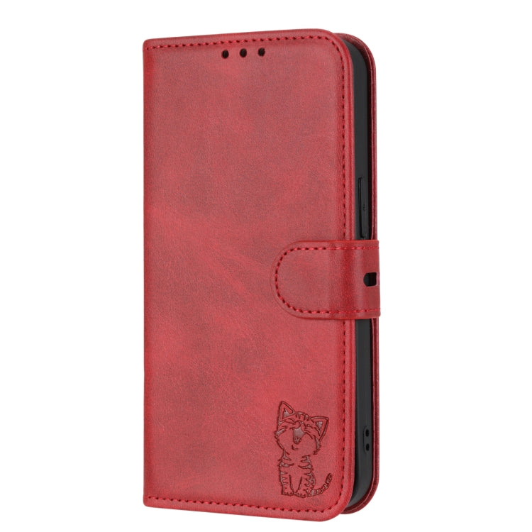 Embossed Happy Cat Pattern Flip Leather Phone Case, For iPhone 14, For iPhone 14 Plus, For iPhone 14 Pro, For iPhone 14 Pro Max