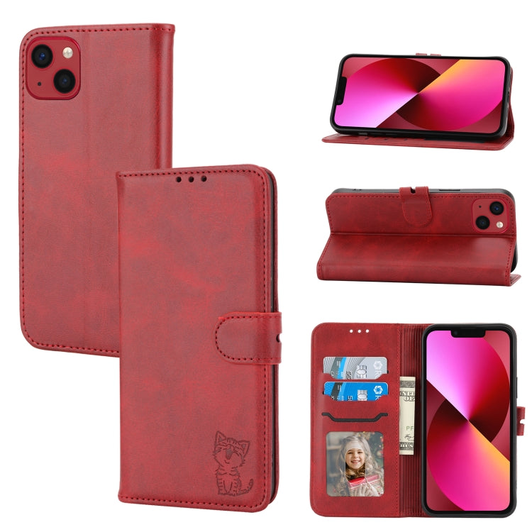 Embossed Happy Cat Pattern Flip Leather Phone Case, For iPhone 14, For iPhone 14 Plus, For iPhone 14 Pro, For iPhone 14 Pro Max