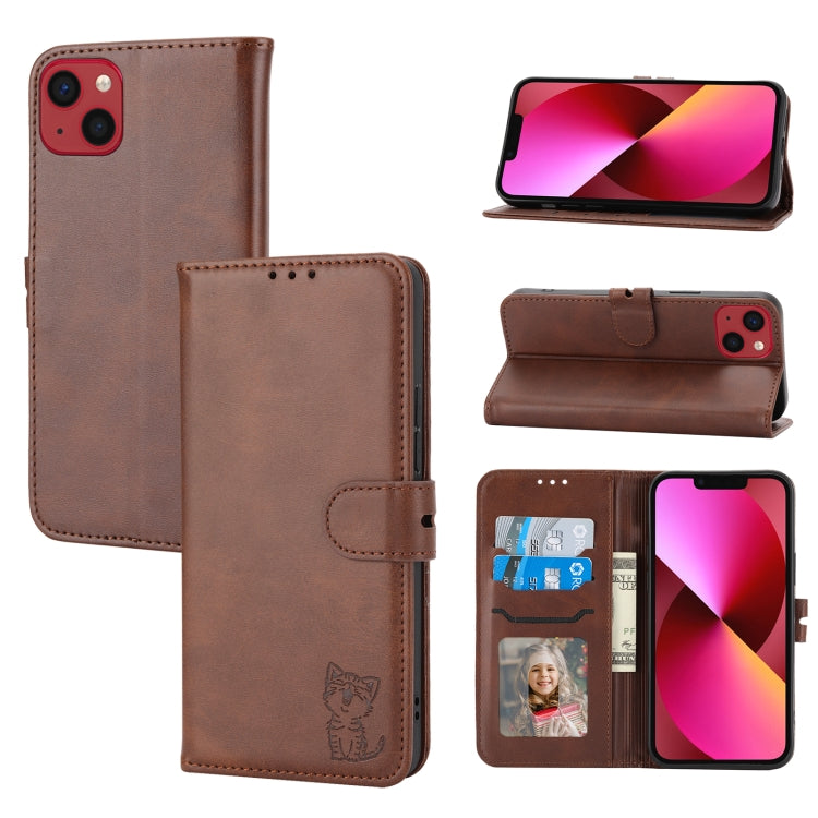 Embossed Happy Cat Pattern Flip Leather Phone Case, For iPhone 14, For iPhone 14 Plus, For iPhone 14 Pro, For iPhone 14 Pro Max