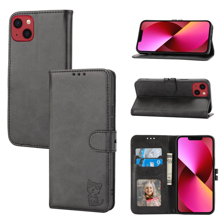 Embossed Happy Cat Pattern Flip Leather Phone Case, For iPhone 14, For iPhone 14 Plus, For iPhone 14 Pro, For iPhone 14 Pro Max