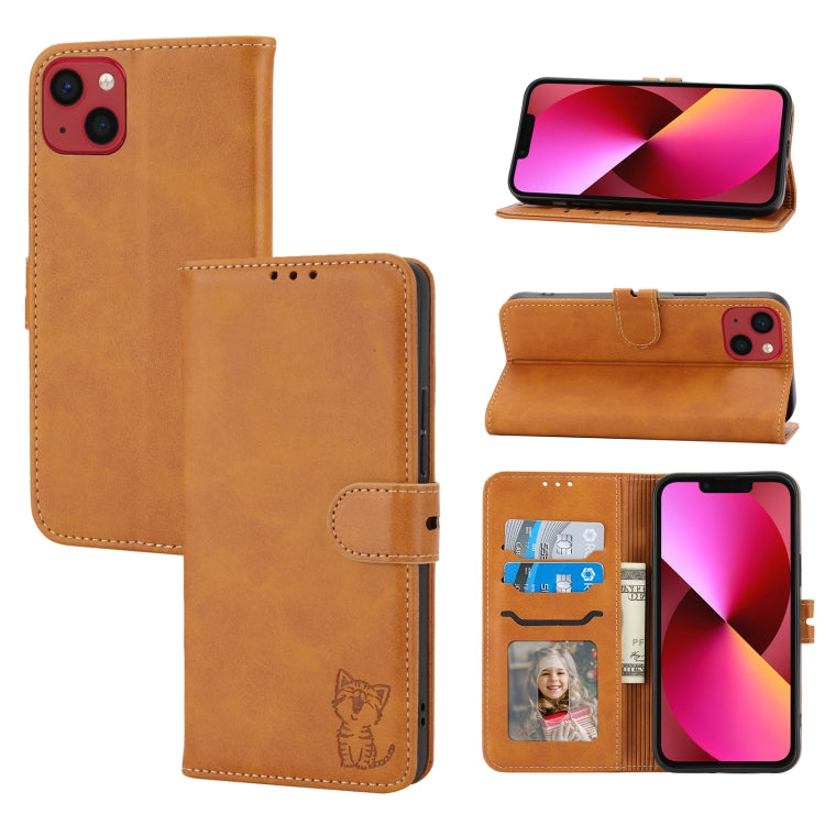 Embossed Happy Cat Pattern Flip Leather Phone Case, For iPhone 14, For iPhone 14 Plus, For iPhone 14 Pro, For iPhone 14 Pro Max