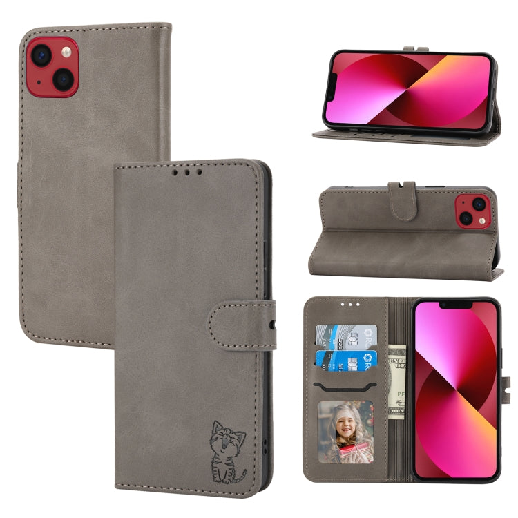 Embossed Happy Cat Pattern Flip Leather Phone Case, For iPhone 14, For iPhone 14 Plus, For iPhone 14 Pro, For iPhone 14 Pro Max