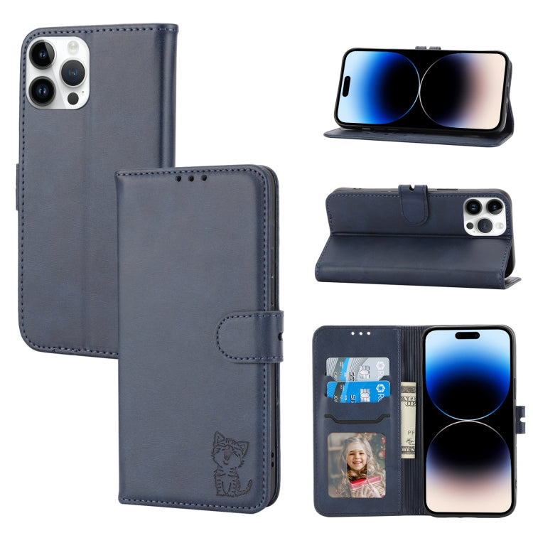Embossed Happy Cat Pattern Flip Leather Phone Case, For iPhone 14, For iPhone 14 Plus, For iPhone 14 Pro, For iPhone 14 Pro Max