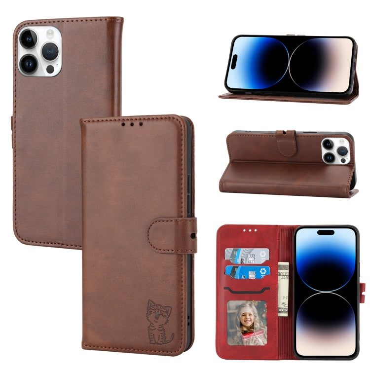 Embossed Happy Cat Pattern Flip Leather Phone Case, For iPhone 14, For iPhone 14 Plus, For iPhone 14 Pro, For iPhone 14 Pro Max