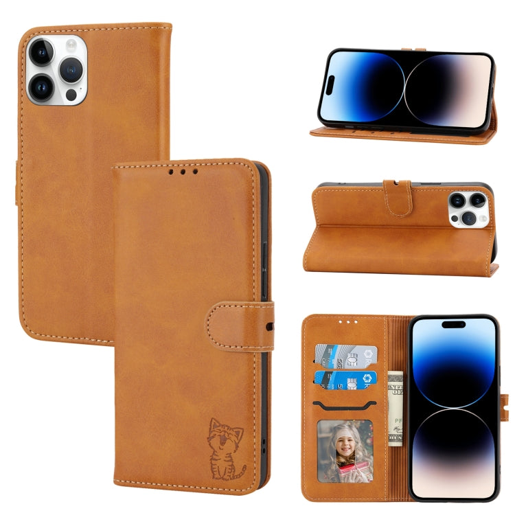 Embossed Happy Cat Pattern Flip Leather Phone Case, For iPhone 14, For iPhone 14 Plus, For iPhone 14 Pro, For iPhone 14 Pro Max