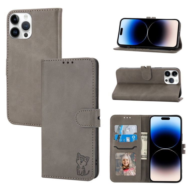 Embossed Happy Cat Pattern Flip Leather Phone Case, For iPhone 14, For iPhone 14 Plus, For iPhone 14 Pro, For iPhone 14 Pro Max