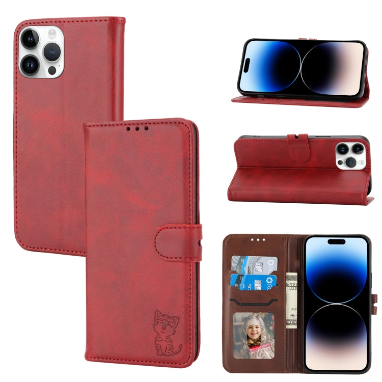 Embossed Happy Cat Pattern Flip Leather Phone Case, For iPhone 14, For iPhone 14 Plus, For iPhone 14 Pro, For iPhone 14 Pro Max