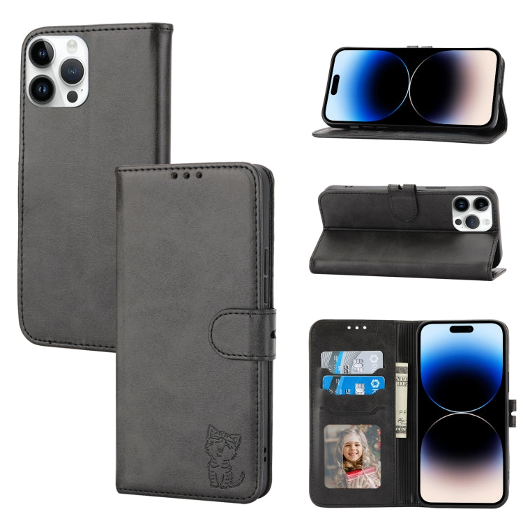 Embossed Happy Cat Pattern Flip Leather Phone Case, For iPhone 14, For iPhone 14 Plus, For iPhone 14 Pro, For iPhone 14 Pro Max