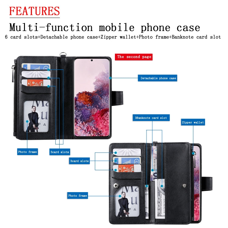 2 in 1 Solid Color Zipper Shockproof Protective Case with Card Slots & Bracket & Photo Holder & Wallet Function, For Galaxy S20, For Galaxy S20+, For Galaxy S20 Ultra