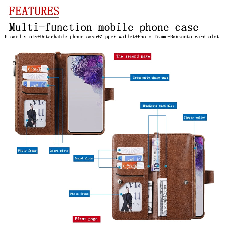 2 in 1 Solid Color Zipper Shockproof Protective Case with Card Slots & Bracket & Photo Holder & Wallet Function