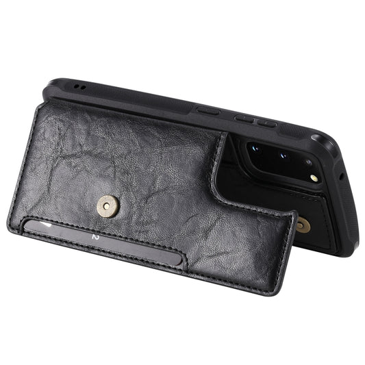 Durable Samsung S20 wallet case showcasing interior compartments and kickstand
