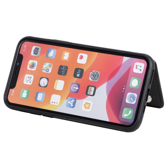 Cat-themed iPhone 11 Pro cover with embossed texture, card slots, and kickstand holder