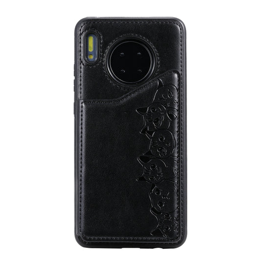 Black feline pattern phone case featuring embossed design and built-in stand