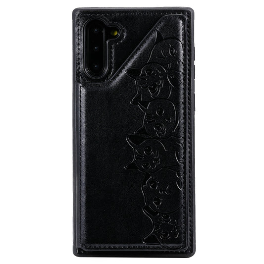Galaxy Note 10 case featuring embossed six cats design with built-in card slot compartments