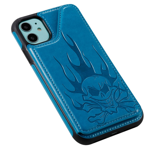 Skull embossed wallet case for iPhone 11 displaying card storage capacity