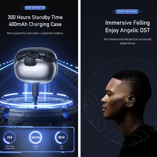 Close-up of awei T52 earbud showing touch controls and premium design