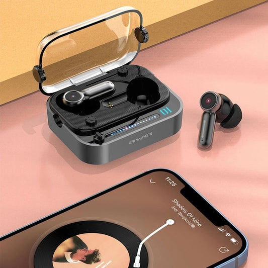 Close-up of awei T58 earbud showing touch controls and premium design