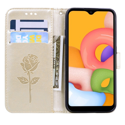 Rose pattern PU leather Galaxy A01 case side profile and edge protection