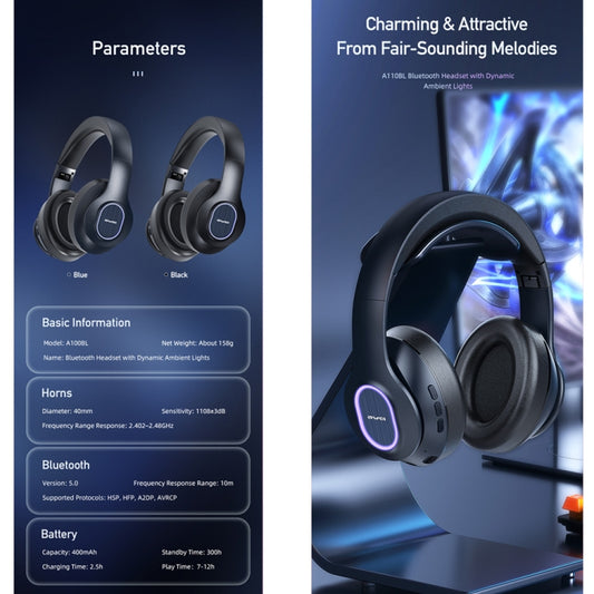 Sleek A100BL Bluetooth headphones featuring comfortable over-ear fit and controls