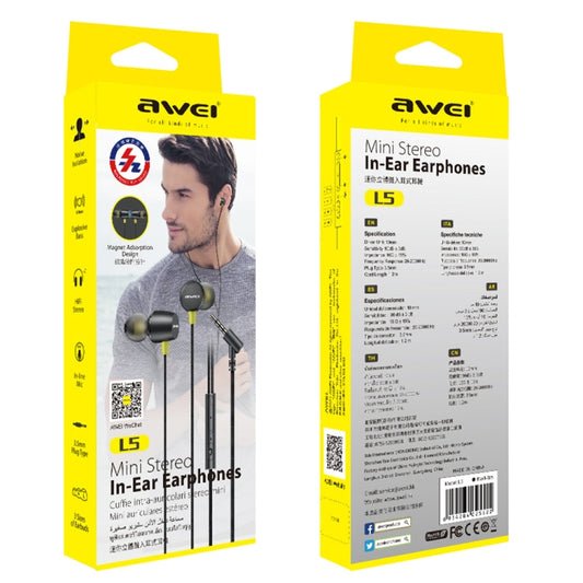 awei L5 wired earphones 1.2m cord showing connector jack and cable management details