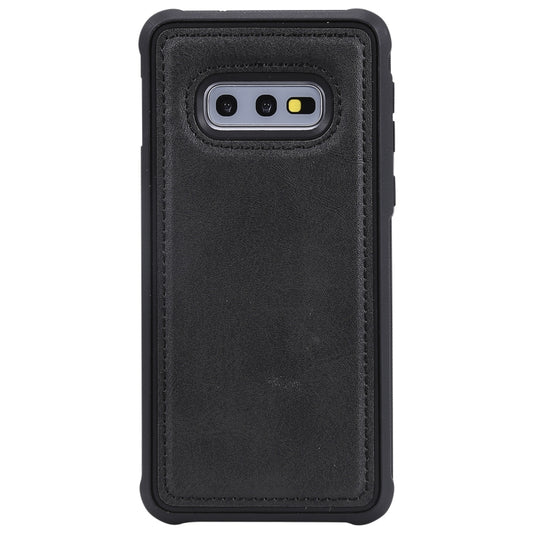 Premium leather Galaxy S10e case with built-in stand positioned horizontally