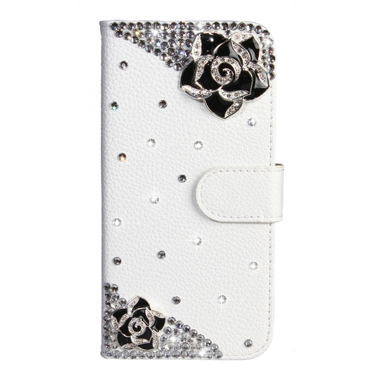 Solid color protective phone case featuring crystals and magnetic closure detail