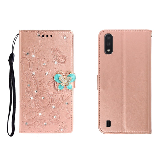 Horizontal rhinestone butterfly embossed leather wallet case for Galaxy A01, A11, A21, A41 with card slots