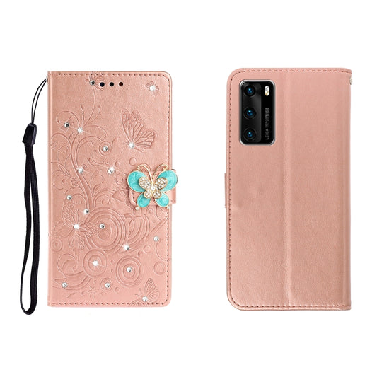 Huawei P40 leather case with rhinestone butterfly embossed design and card slots