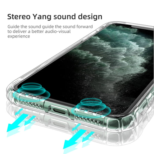 Slim transparent TPU case for iPhone 11 displaying reinforced airbag cushioning at corners and edges