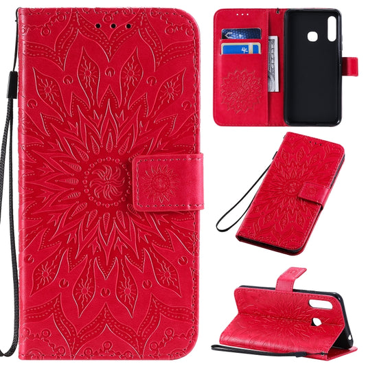 Sunflower pressed leather flip case for Galaxy A70e with card slots and lanyard holder