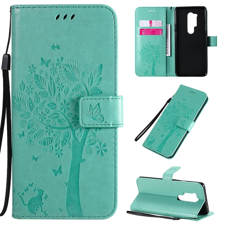 Tree & Cat Pattern Pressed Printing Horizontal Flip PU Leather Case with Holder & Card Slots & Wallet & Lanyard, For OnePlus 8 Pro, For OnePlus 8