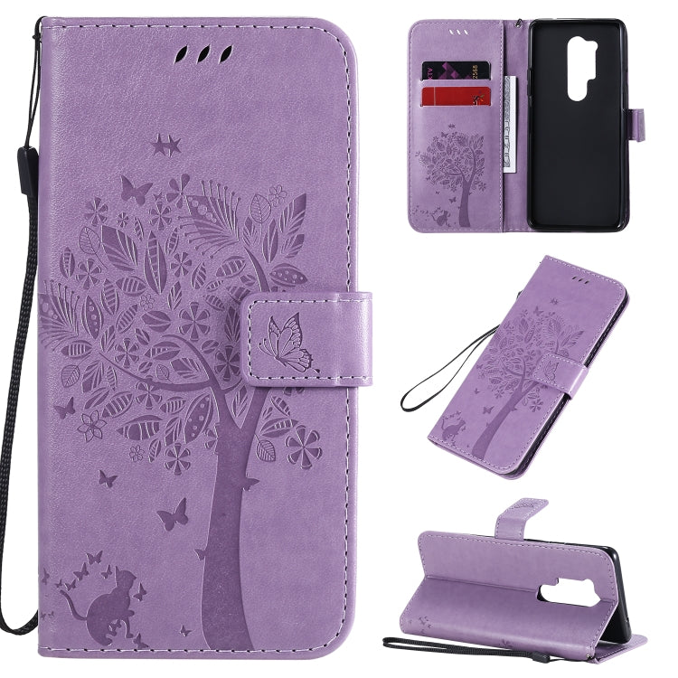 Tree & Cat Pattern Pressed Printing Horizontal Flip PU Leather Case with Holder & Card Slots & Wallet & Lanyard, For OnePlus 8 Pro, For OnePlus 8