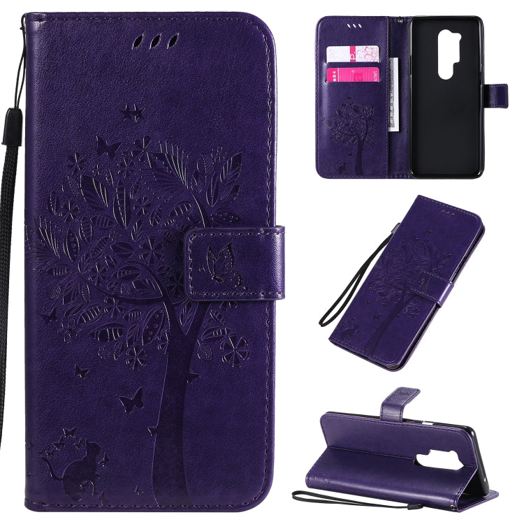 Tree & Cat Pattern Pressed Printing Horizontal Flip PU Leather Case with Holder & Card Slots & Wallet & Lanyard, For OnePlus 8 Pro, For OnePlus 8