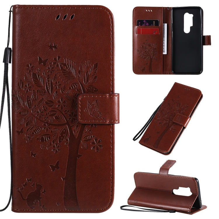 Tree & Cat Pattern Pressed Printing Horizontal Flip PU Leather Case with Holder & Card Slots & Wallet & Lanyard, For OnePlus 8 Pro, For OnePlus 8