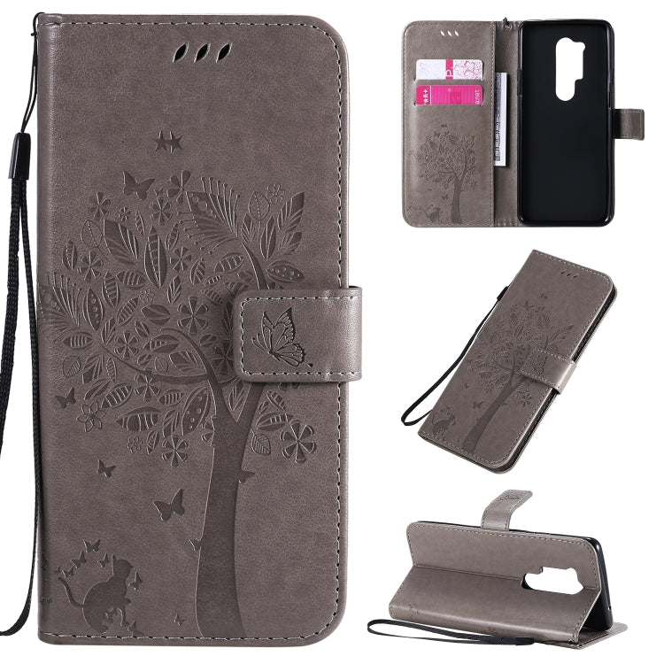 Tree & Cat Pattern Pressed Printing Horizontal Flip PU Leather Case with Holder & Card Slots & Wallet & Lanyard, For OnePlus 8 Pro, For OnePlus 8
