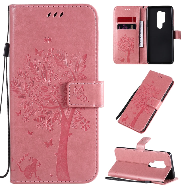 Tree & Cat Pattern Pressed Printing Horizontal Flip PU Leather Case with Holder & Card Slots & Wallet & Lanyard, For OnePlus 8 Pro, For OnePlus 8