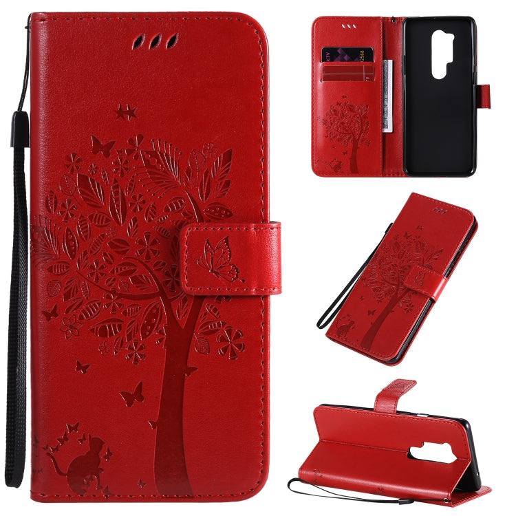 Tree & Cat Pattern Pressed Printing Horizontal Flip PU Leather Case with Holder & Card Slots & Wallet & Lanyard, For OnePlus 8 Pro, For OnePlus 8