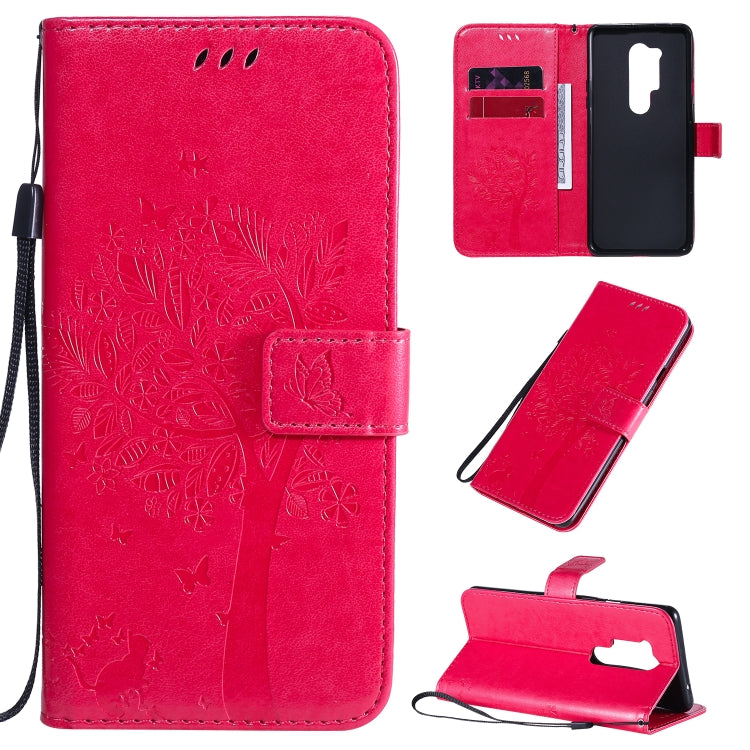 Tree & Cat Pattern Pressed Printing Horizontal Flip PU Leather Case with Holder & Card Slots & Wallet & Lanyard, For OnePlus 8 Pro, For OnePlus 8