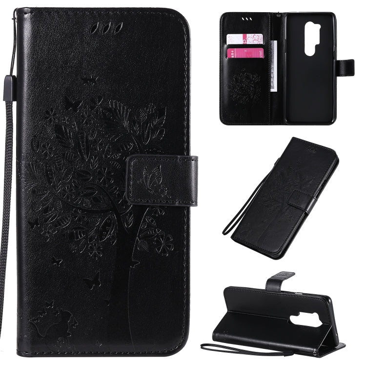 Tree & Cat Pattern Pressed Printing Horizontal Flip PU Leather Case with Holder & Card Slots & Wallet & Lanyard, For OnePlus 8 Pro, For OnePlus 8