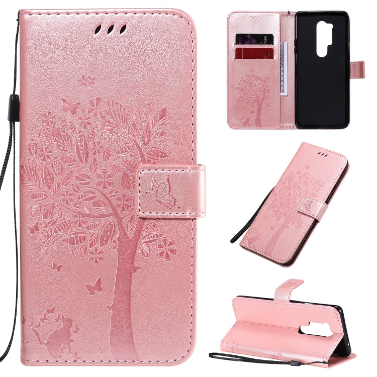 Tree & Cat Pattern Pressed Printing Horizontal Flip PU Leather Case with Holder & Card Slots & Wallet & Lanyard, For OnePlus 8 Pro, For OnePlus 8