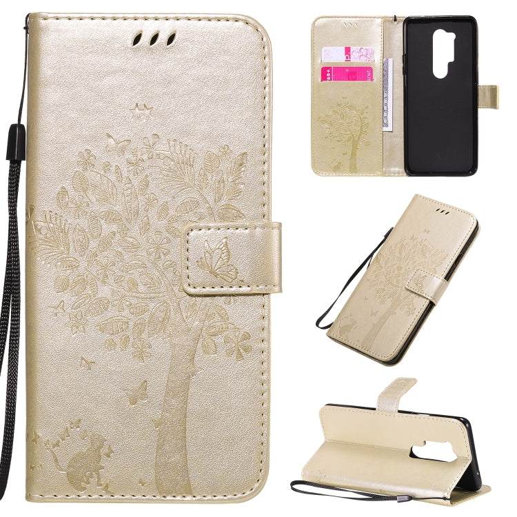 Tree & Cat Pattern Pressed Printing Horizontal Flip PU Leather Case with Holder & Card Slots & Wallet & Lanyard, For OnePlus 8 Pro, For OnePlus 8