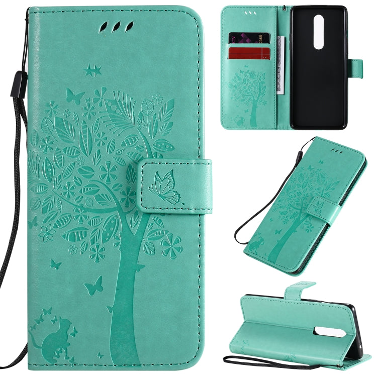 Tree & Cat Pattern Pressed Printing Horizontal Flip PU Leather Case with Holder & Card Slots & Wallet & Lanyard, For OnePlus 8 Pro, For OnePlus 8