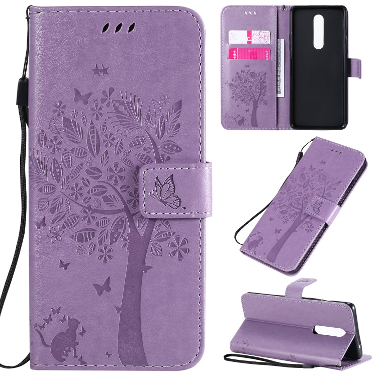 Tree & Cat Pattern Pressed Printing Horizontal Flip PU Leather Case with Holder & Card Slots & Wallet & Lanyard, For OnePlus 8 Pro, For OnePlus 8